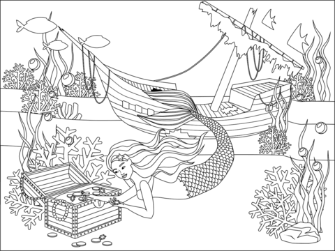 Mermaid Wrecked Ship Underwater Treasure Coloring Page